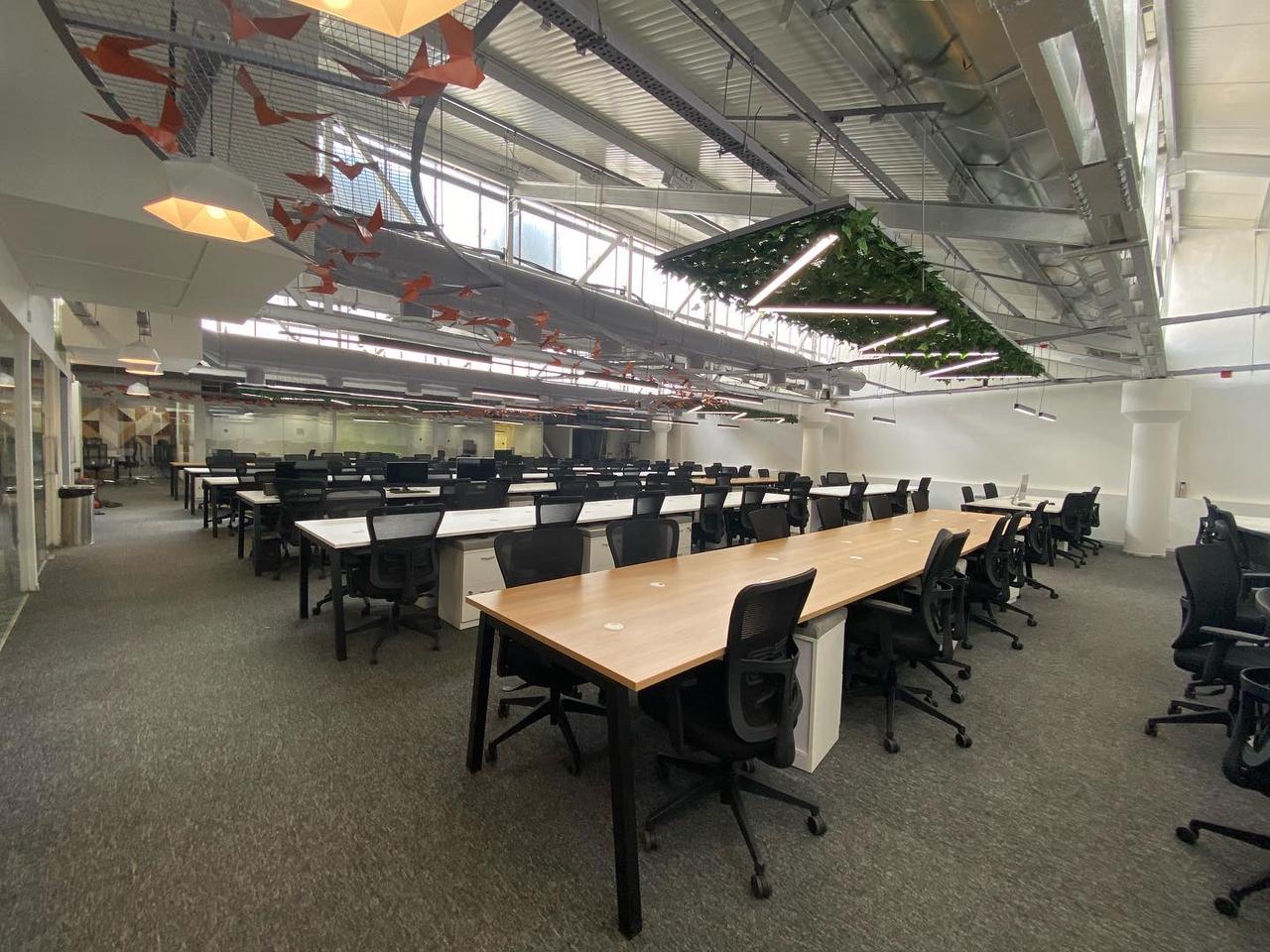 Large office with oak-top workstation benches beneath an orange paper-bird ceiling installation and a hanging green planter